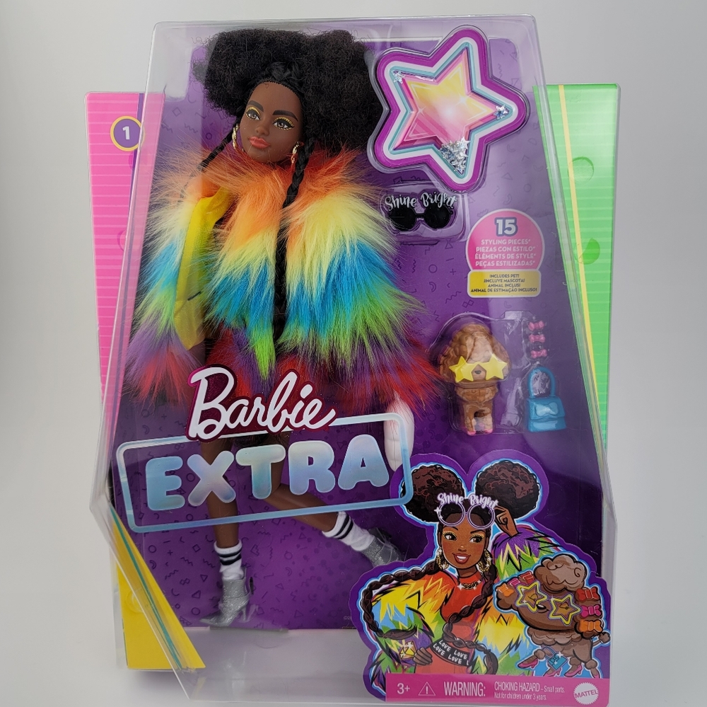 Barbie Extra Doll in Rainbow Coat with Pet Poodle and Accessories